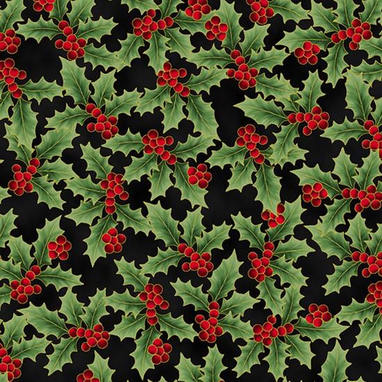Hoffman Fabrics Holiday Wishes Holly Berries Black/Gold U7770-4G