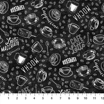 Northcott Fabrics Cafe Culture Chalkboard Cups Black 24488-99