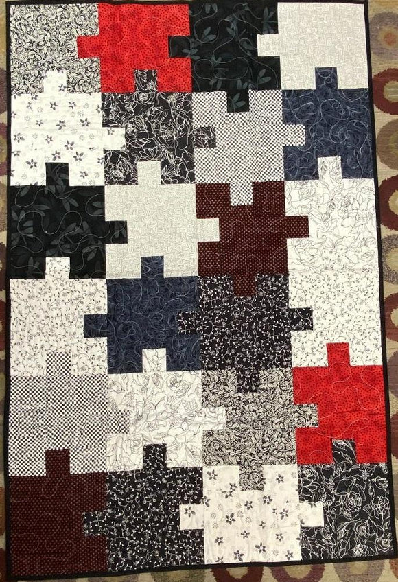 Puzzle Red, White & Black Finished Quilt35.5x54