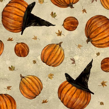 QT Fabrics All Hallow's Eve Tossed Pumpkins Cream 1649-28802-E
