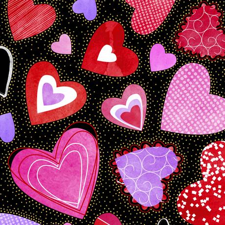 QT Fabrics  Sweethearts Large Hearts Black  1649 28045 J