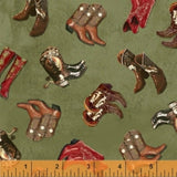 Windham Fabrics American Cowboy Green Boots 39675-3